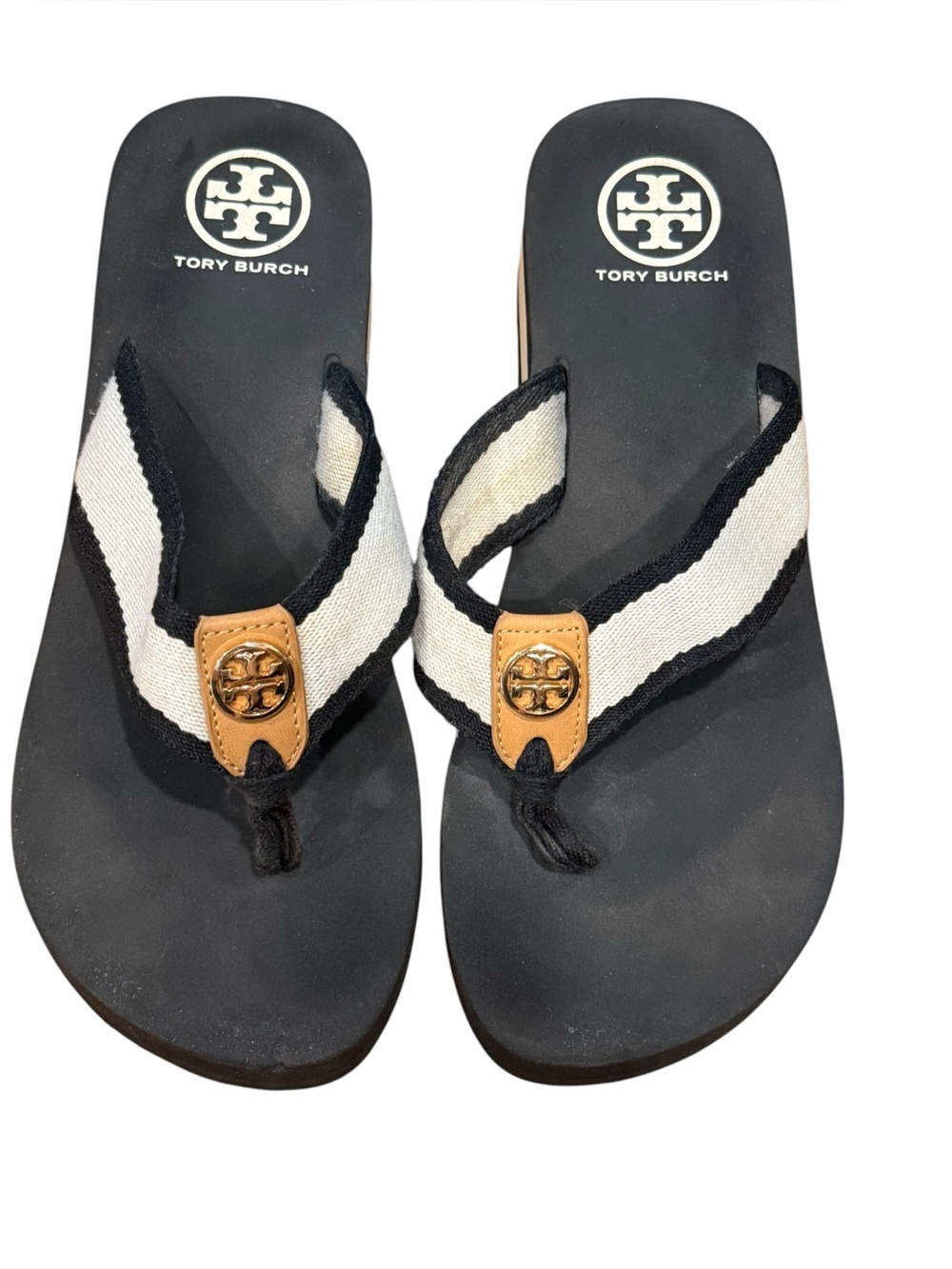 Tory Burch Frankie Wedge Gold Logo Canvas Platform Flip Flop Black Cream 8